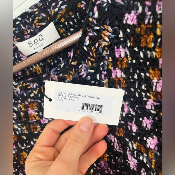 NWT $352 Sea NY Cut Out Crop Ceres Pink Black Crochet Sweater Merino Wool Size S - Picture 3 of 7